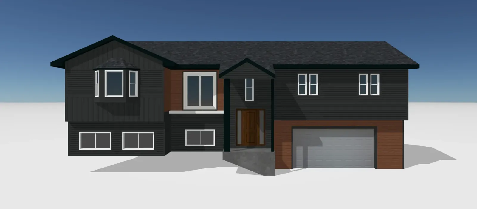 Architectural rendering of a dark-sided split-level home