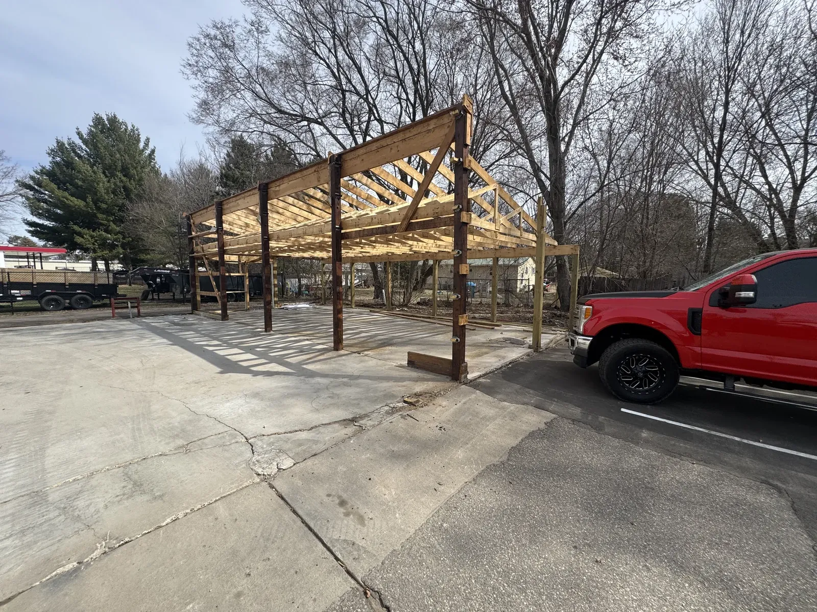 Timber framing stage of The Hideout viewed from an angle