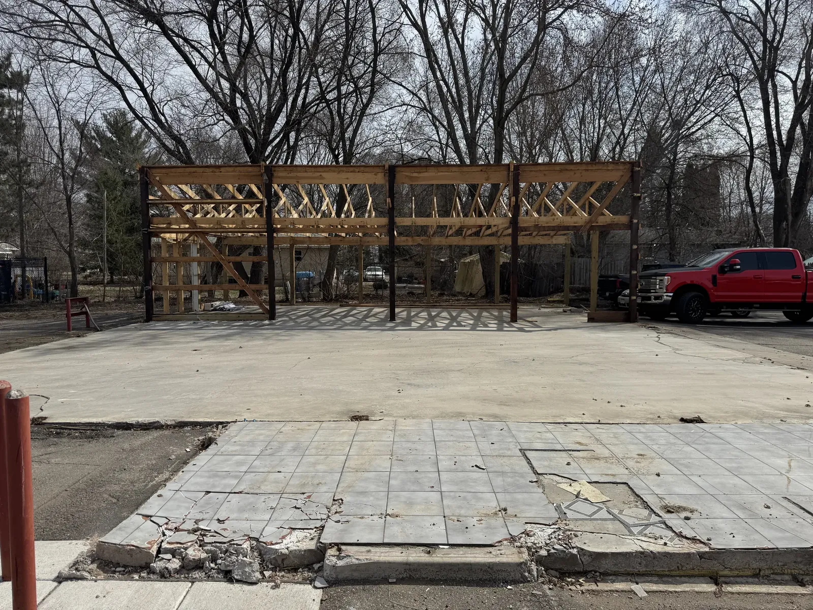 Front view of timber framing at The Hideout